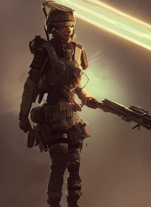 Image similar to of a beautiful sniper girl in war, with futuristic gear and helmet, portrait, hoding a arrowgun, in the style of greg rutkowski, artstation, high quality art, lighting flare effect