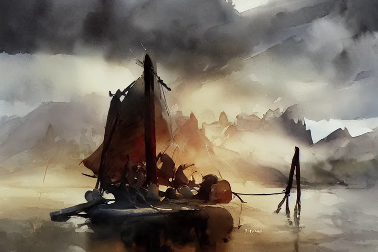 Prompt: paint brush strokes, abstract watercolor painting of rustic village, jettying, viking age, fog, ambient lighting, art by hans dahl, by jesper ejsing, art by anders zorn, wonderful masterpiece by greg rutkowski, cinematic light, american romanticism by greg manchess, creation by tyler edlin