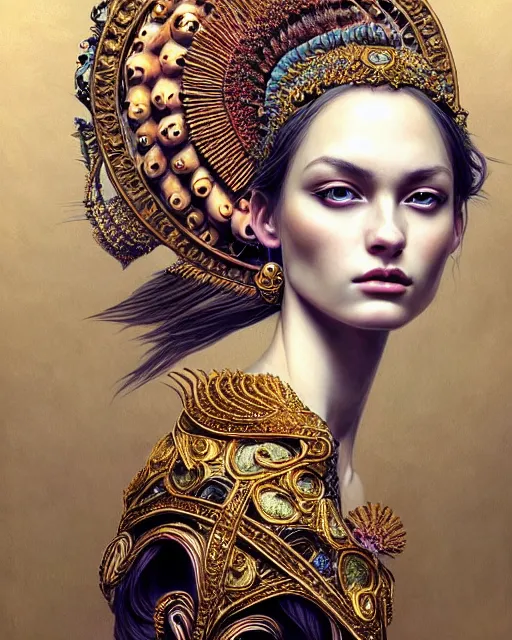 Image similar to portrait of a beautiful goddess, unusual beauty, esoteric, head in focus, fantasy art, ornamental aesthetics, intricate, elegant, highly detailed, hyperrealistic painting, concept art, painterly, sharp focus, illustration, art by ive freya