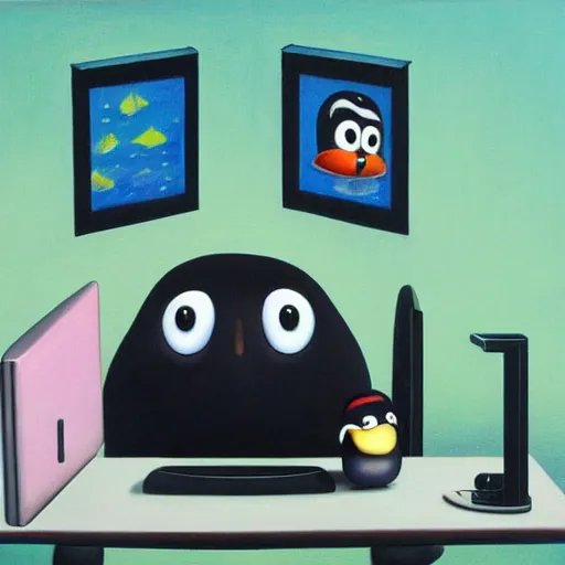 Prompt: pingu sitting behind a computer, painted by mark ryden, art, epic lighting