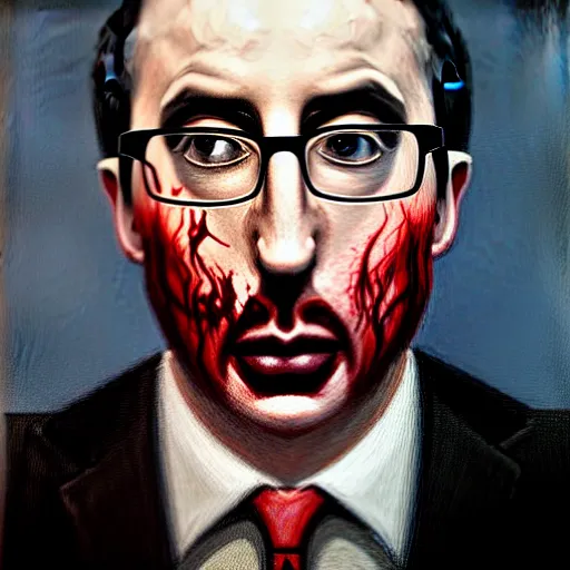 Image similar to Facial portrait. John Oliver, looking at the camera, disgusted, he is covered in blood. fear inspiring mood, intimidating. extremely detailed painting on canvas. by Greg Rutkowski and by Henry Justice Ford and by Steve Henderson. Shown in a newspaper.