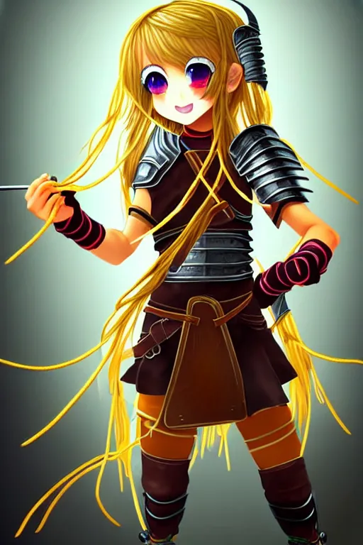 Prompt: A cute spaghetti-girl thief protagonist with leather-strap-armor and ninja weapons is exploring the tenth reality. A highly detailed fantasy character.