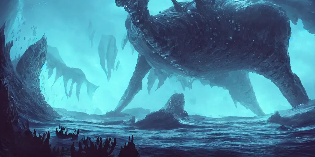 Prompt: Deep under the sea with an enormous evil creature looming in the distance, digital art, trending on artstation,