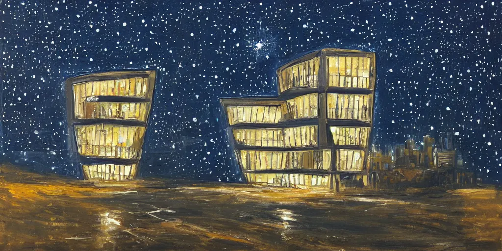 Image similar to stary night painting, norman foster tower, house, city