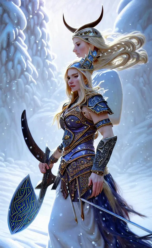 Image similar to opal viking warrior, regal, elegant, winter, snow, beautiful, stunning, hd, illustration, epic, d & d, fantasy, intricate, elegant, highly detailed, wide angle, digital painting, artstation, concept art, smooth, sharp focus, illustration, wallpaper, art by artgerm and greg rutkowski and alphonse mucha and jin xiaodi