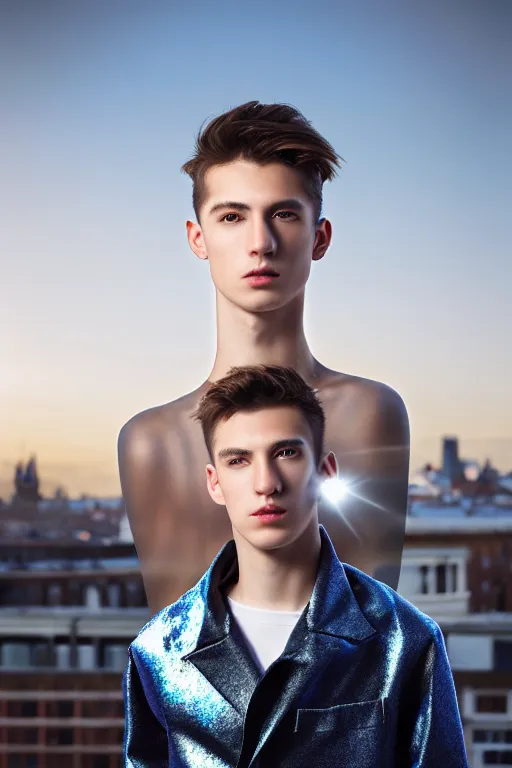 Image similar to un ultra high definition studio quality photographic art portrait of a young man standing on the rooftop of a british apartment building wearing soft baggy inflatable padded silver iridescent pearlescent clothing. three point light. extremely detailed. golden ratio, ray tracing, volumetric light, shallow depth of field. set dressed.