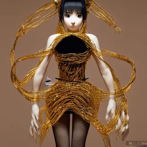 Image similar to Harsune Miku anime female goddess stands for a waist up portrait with her body sightly wrapped in thin gold wire creatively arranged so as to look like Emoji tattoos, in an empty japanese tatami home, hyper photo realistic 8K HD HDRI, photo by Annie Leibovitz.