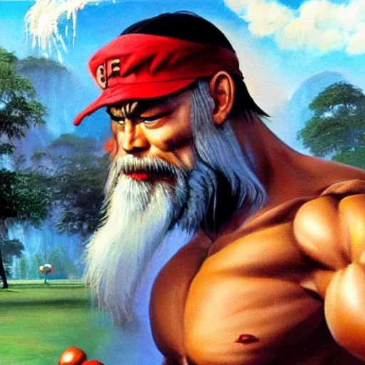 Image similar to ultra realistic forest gump as ryu from street fighter, painting by frank frazetta, 4 k, ultra realistic, highly detailed,