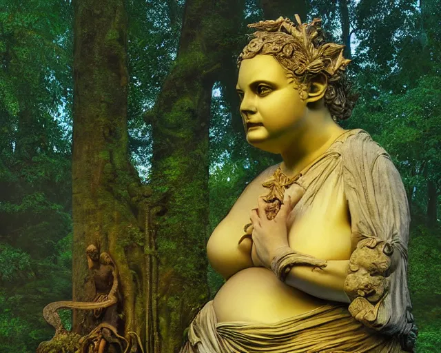 Image similar to Ancient statue lost in the heart of the forest depicting to the chubby ancient goddess of earth and trees wearing silks and leaves | dramatic light | cinematic lighting | sunshafts, volumetric lighting | golden hour | style of donato giancola