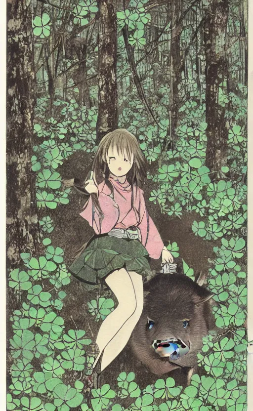 Prompt: by akio watanabe, manga art, girl next to a boar in the forest and clovers, trading card front, kimono, realistic anatomy