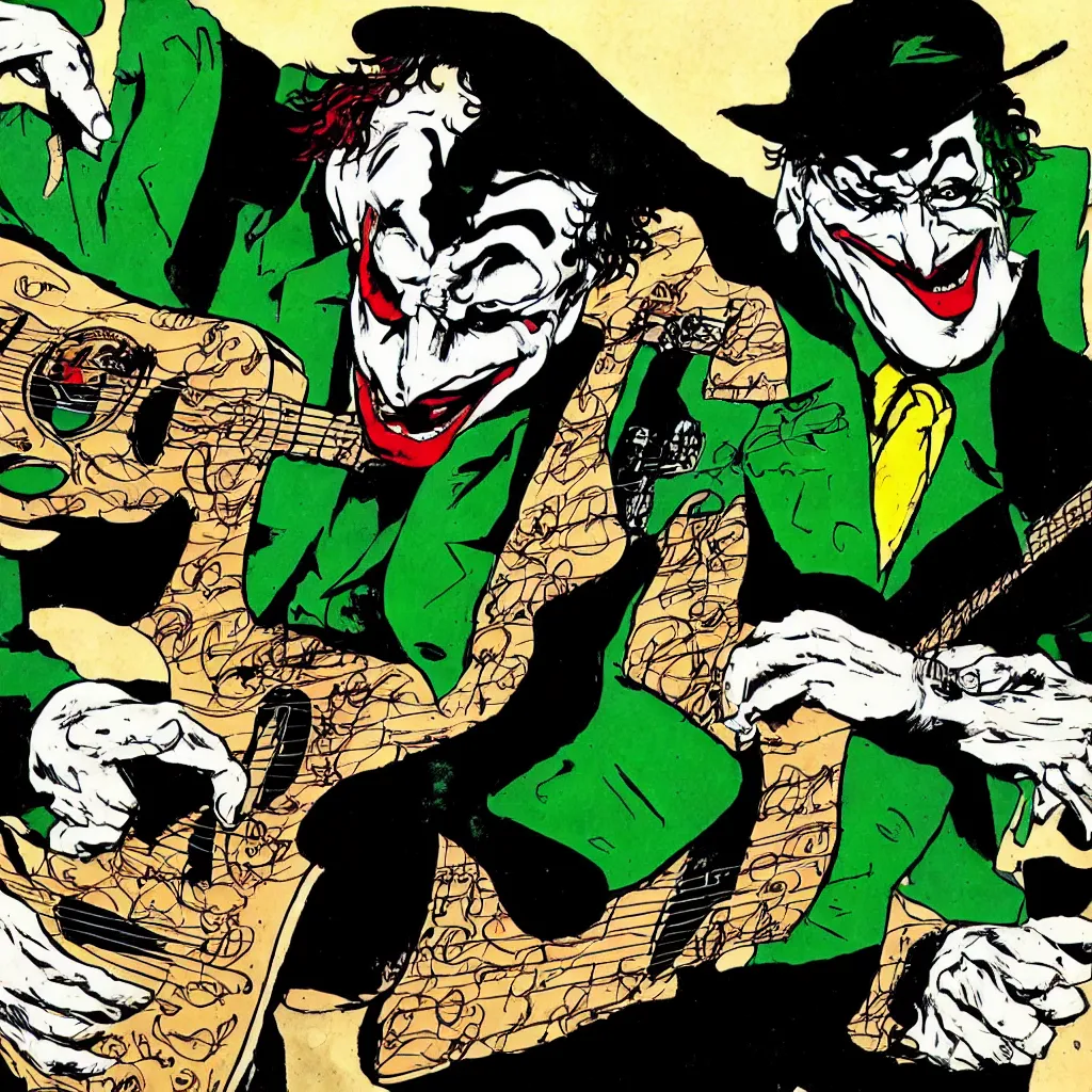 Prompt: joker playing guitar, by frank miller, comic