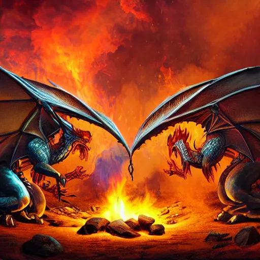 Image similar to power metal album cover, dragons bbq near campfire, fire, magic, fantasy epic legends game icon stylized digital illustration radiating a glowing aura global illumination ray tracing hdr fanart arstation by ian pesty and katarzyna da „ bek - chmiel