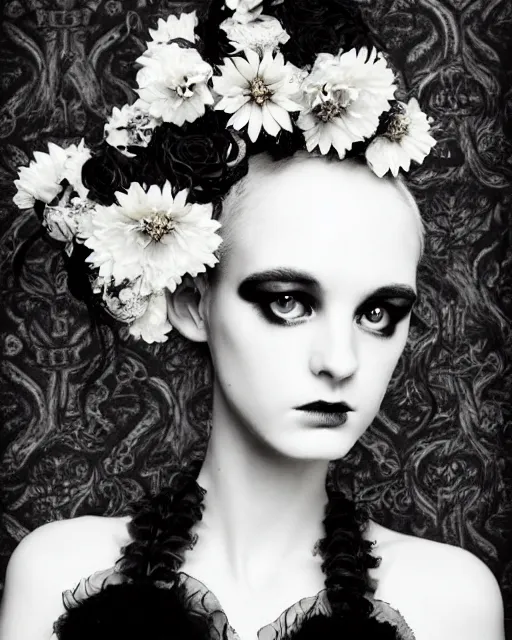Prompt: a black and white high quality dreamy photo of a young beautiful female queen-pale dragon-vegetal-many big steampunk flowers-cyborg bust with a very long neck, elegant, highly detailed, poetic, soft, dreamy, mysterious, high fashion, rim light, in the style of Ellen von Unwerth, Realistic, Refined, Digital Art, Highly Detailed, Cinematic Lighting, rim light, black and white, photo-realistic, 8K