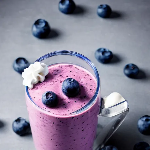 Image similar to delicious looking blueberry milkshake, blueberries on the side, whipped cream on top, 8 k resolution, professional food photography, studio lighting, sharp focus, center frame, hyper - detailed