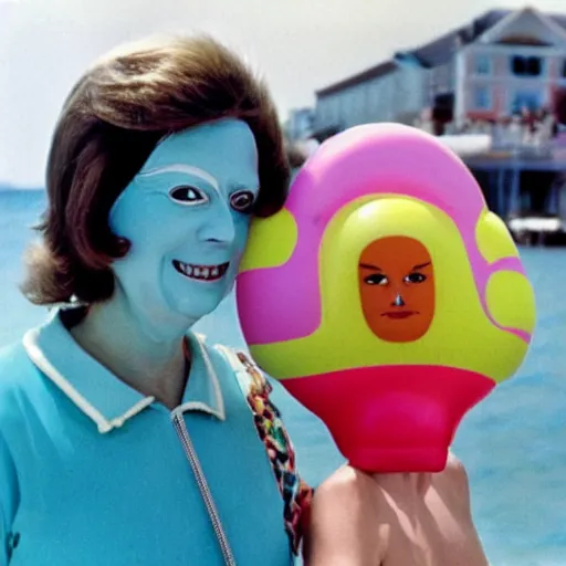 Prompt: 1976 middle aged woman wearing a transluscent inflatable toy head at the seaside 1976 French film archival footage technicolor film expired film 16mm Fellini new wave John Waters