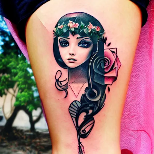 Image similar to tattoo design, stencil, beautiful cleopatra girls face, roses and ivy surrounding by artgerm, artgerm, cat girl, anime