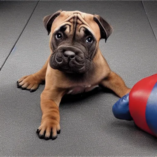 Image similar to brindle bullmastiff puppy boxing, punching heavy bag