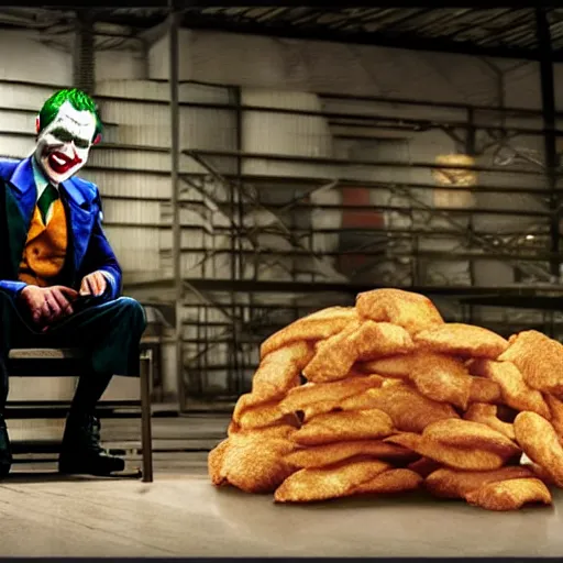 Image similar to cinematic shot of the joker sitting on a gigantic pile of chicken and biscuits in a warehouse, 8 k, very intricate, very detailed,