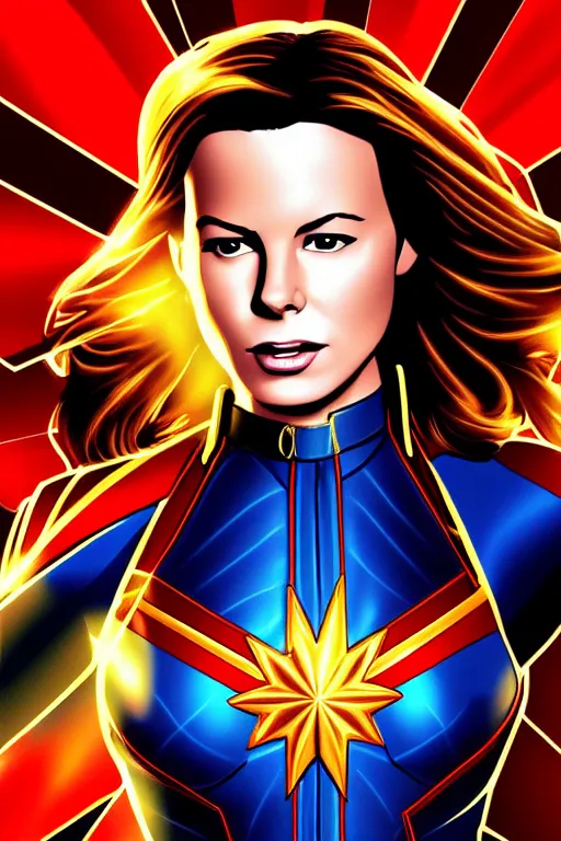 Prompt: young gorgeous Kate Beckinsale as Captain Marvel high quality digital painting in the style of James Jean