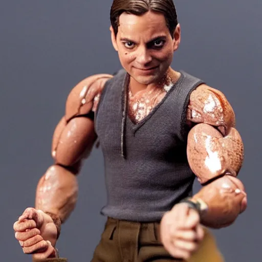 Image similar to tobey maguire action figure with ripped muscles, gross, wet, disgusting, no one wants this