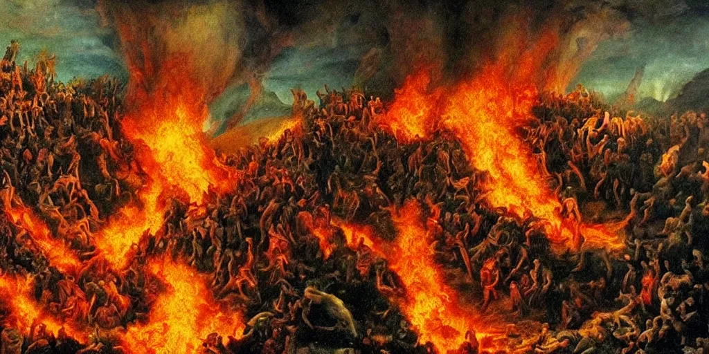 Image similar to kodak picture of dante's inferno, vivid color, saturated, realistic, cinematic, close shot