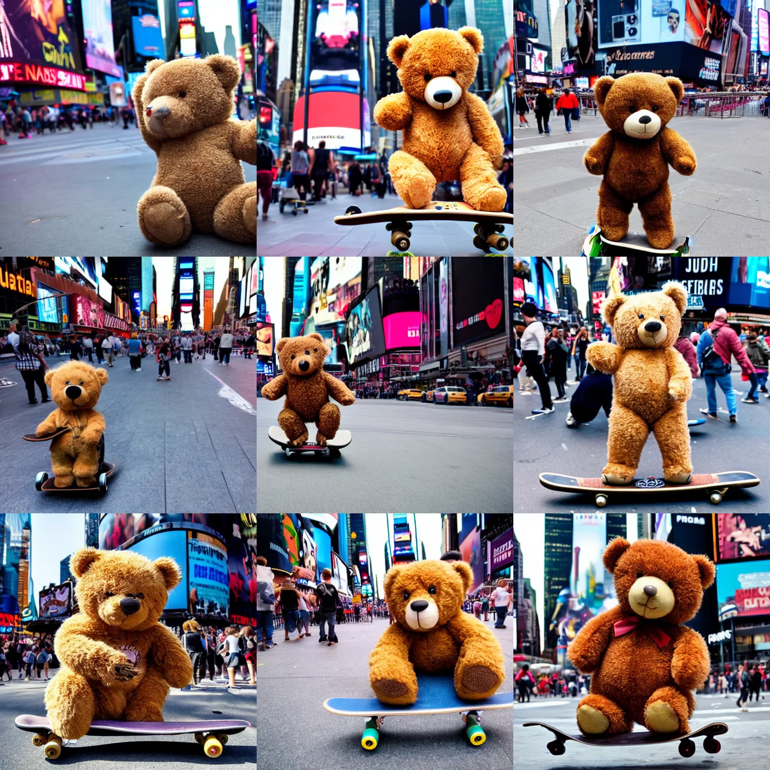 Image similar to A photo of a teddy bear on a skateboard in Times Square