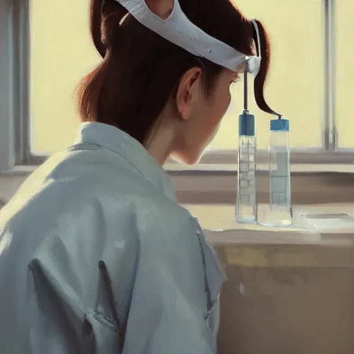 Image similar to girl with cat ears wearing a labcoat in a biology lab, microscope on table, expressive oil painting, trending on artstation, sunlit, octane render, by jeremy lipking, beautiful lighting