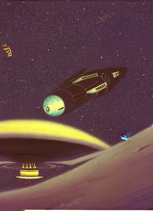 Prompt: lonely spaceship floating through space by bonestell, chesley