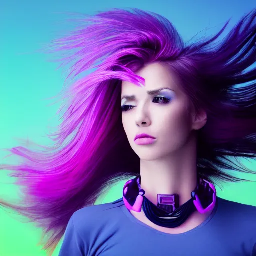 Image similar to a award winning action upper body portrait of a beautiful woman with a ombre purple pink hairstyle with head in motion and hair flying, choker, outrun, vaporware, vivid colors, highly detailed, fine detail, intricate