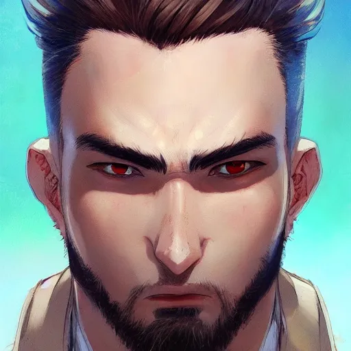 Image similar to An anime portrait of a man with buzzed wavy black hair, brown eyes, stubble, medium shot, whole head, by Stanley Artgerm Lau, WLOP, Rossdraws, James Jean, Andrei Riabovitchev, Marc Simonetti, and Sakimi chan, trending on artstation