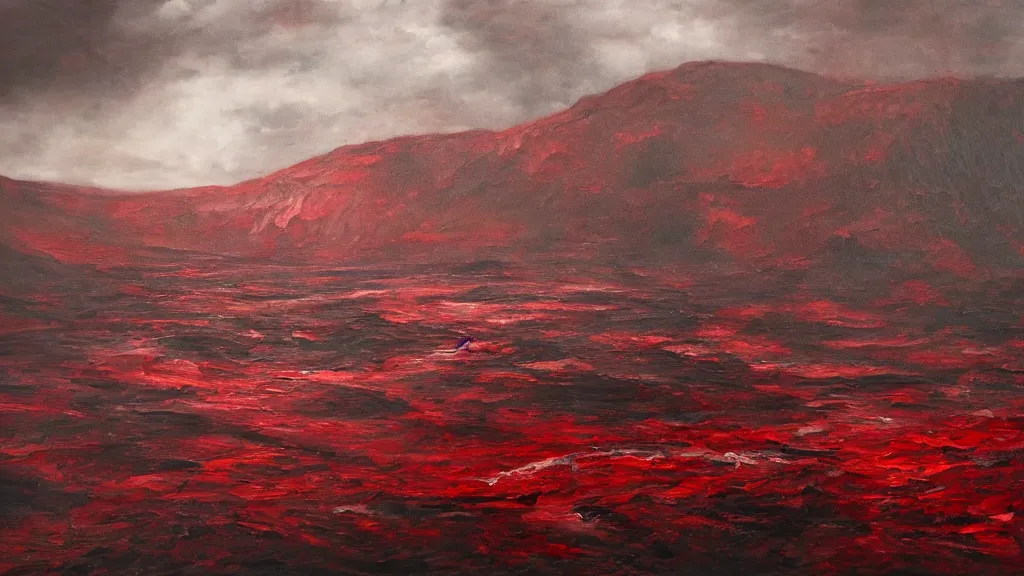 Prompt: dark blood red detailed landscape, chilling overwhelming oil painting, brutal unforgiving fantasy hell, dreadful and horrifying endless torture