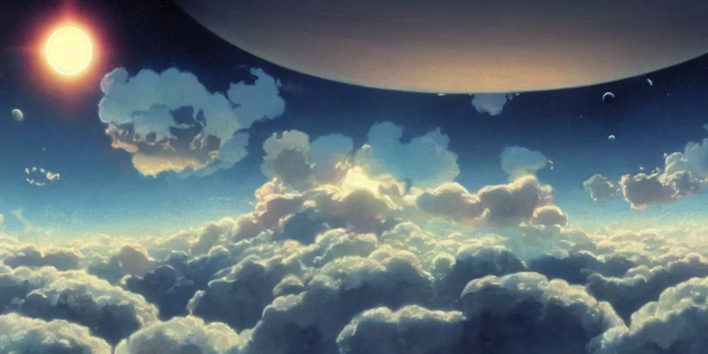 Image similar to blue dreamy cloudscape with a single planet in the clouds, daylight, cinematic lighting, cinematic perspective, syd mead, john harris, federico pelat,