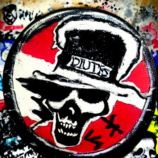 Image similar to painting on a badge, punks not dead!, exploited!!, clash, junk yard, rats!!, god save the queen, punk rock album cover art style, grunge, no future