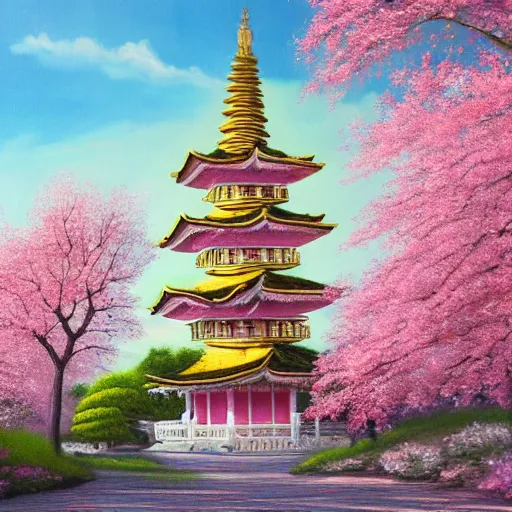 Prompt: detailed airbrushed magical realism oil painting of beautiful pagoda surrounded by blooming pink and white cherry blossom trees 4 k hd