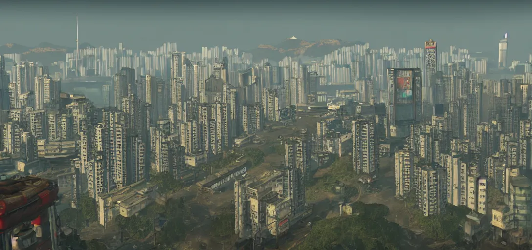 Prompt: Photo of Hong Kong Skyline in Fallout 4 Style, 8K, high quality, very detailed