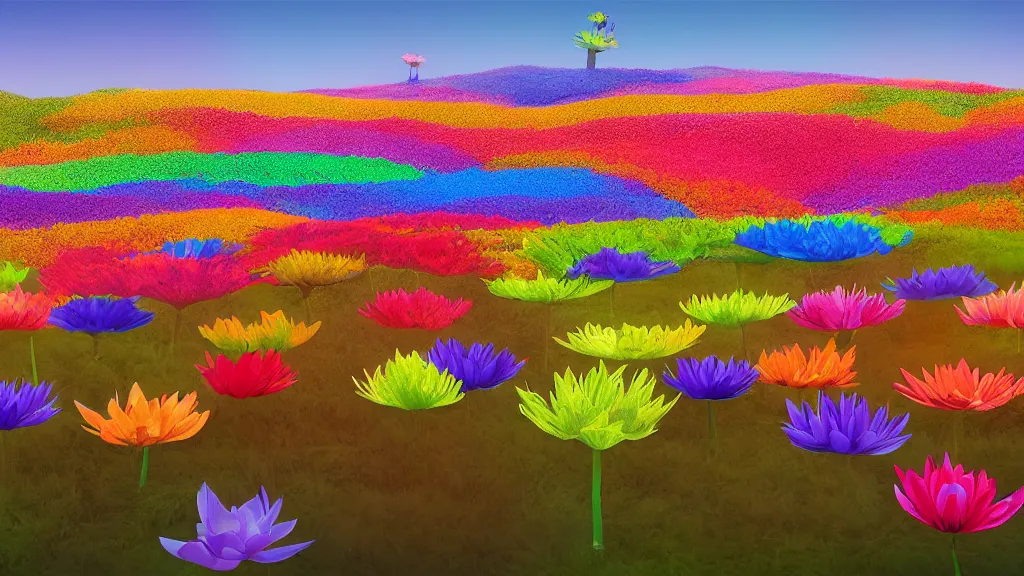 Image similar to digital illustration of a field of multi - colored megaflora lotus flowers by dr. seuss, reimagined by ilm and beeple : 1 | spectral color, electric color, rolling hills : 0. 9 | fantasy : 0. 9 | unreal engine, deviantart, artstation, hd, 8 k resolution : 0. 8