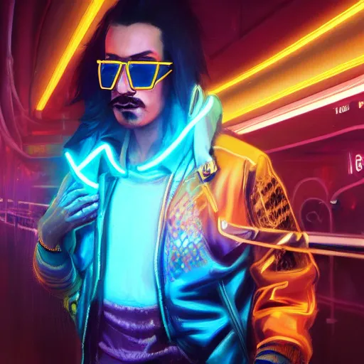 Prompt: a beautiful commission portrait of a male mustache canary wearing a neon jacket, futuristic, detailed face, cyberpunk city, deviantart, artstation, art by greg rutkowski, ross tran, professional lighting, neon city, night, raytracing, highly realistic,4k,dramatic,hyperrealism