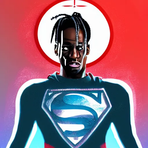 Image similar to Travis Scott as a Super-Man, digital art, hyperdetalied, trending on ArtStation, 8K,