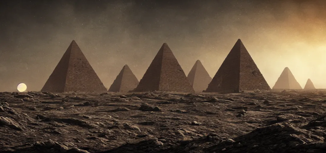 Image similar to an ancient alien pyramid on the lunar surface, decay, desolate, moon, photorealistic, highly detailed, moody atmosphere, stunning, cinematic lighting, unreal engine, detailed environment, ultrasharp