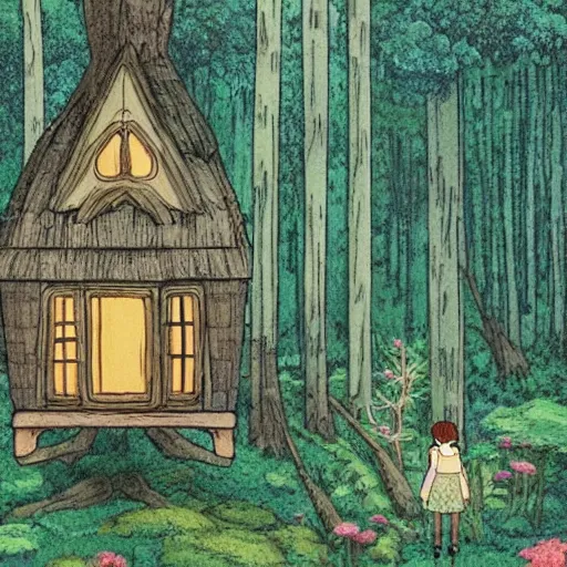 Prompt: enchanted house in the forest drown by studio ghibli