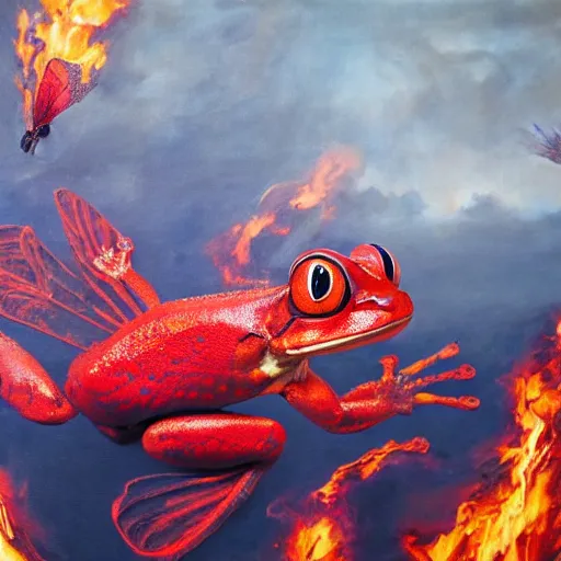 Image similar to giant red frog with giant dragonfly wings flying over a city in flames, photorealism, oil paint, renaissance, 8 k, high detail whide shot