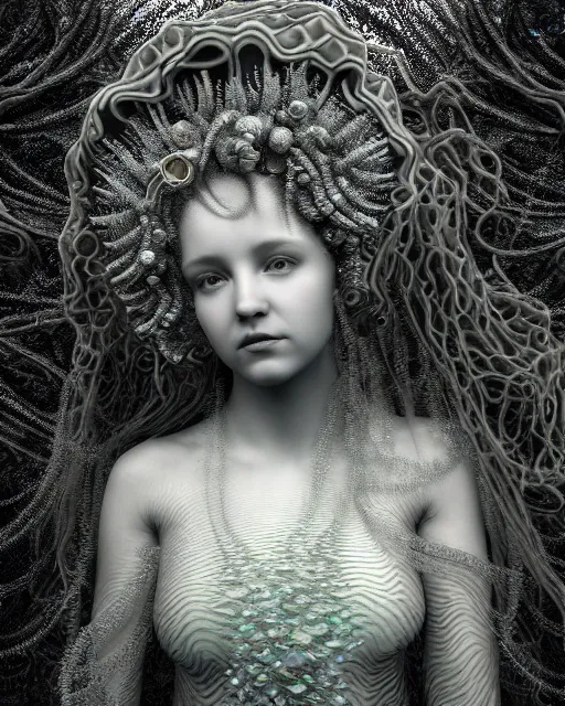 Image similar to surreal mythical dreamy underwater artistic bw photo of a beautiful young female angelic - medusa - cyborg covered with fish scales and algae, highly detailed, intricate crystal ivy jelly fish scales ornate, poetic, octane render, 8 k, photo - realistic, in the style of gustave dore and preraphaelites