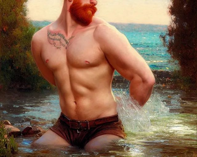 Prompt: handsome tattooed ginger gym bro bathes in the river, painting by artgerm, gaston bussiere, craig mullins, j. c. leyendecker, tom of finland