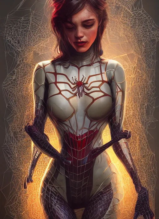 Image similar to spiderwoman covered with spider webs, hyper detailed, digital art, trending in artstation, cinematic lighting, studio quality, smooth render, unreal engine 5 rendered, octane rendered, art style by klimt and nixeu and ian sprigger and wlop and krenz cushart