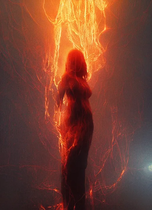 Image similar to rgb wires, portrait, woman, bedroom full of fire, rage, cinematic, movie scene, inspired by zdzislaw beksinski, clothes made out of veins,, cables everywhere, bedroom, ultra realistic, concept art, intricate details, highly detailed, photorealistic, octane render, 8 k