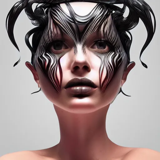 Image similar to abstract art with swirly black liquid acrylic paint and beautiful female face, beautiful color composition, warm colors, black details, 3 d sculpt, zbrush, octane render, dark mood