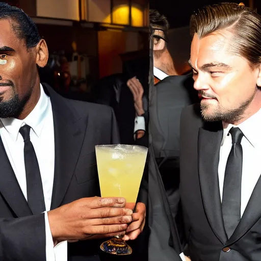 Image similar to leonardo dicaprio and r kelly drinking coctail