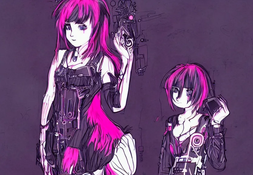 Image similar to little android girl with eccentric pink haircut wearing black feather dress, cyberpunk, anime style artwork, dark, neon, anatomically perfect