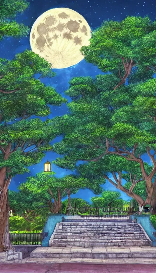 Prompt: a city park at night in Merida Yucatan Mexico with Ceiba trees and a full moon. fantasy illustration