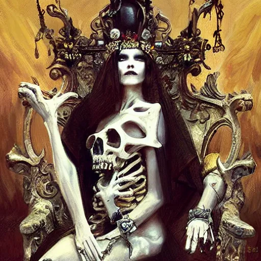 Image similar to beautiful painting of the queen of bones by a cemetary, sitting on a throne, detailed face, with a crown of skulls, skull earings, painting by gaston bussiere, craig mullins